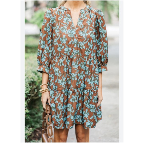 ENTRO Dress Babydoll Brown Blue Ditsy Floral Size Medium -New- - Picture 6 of 16